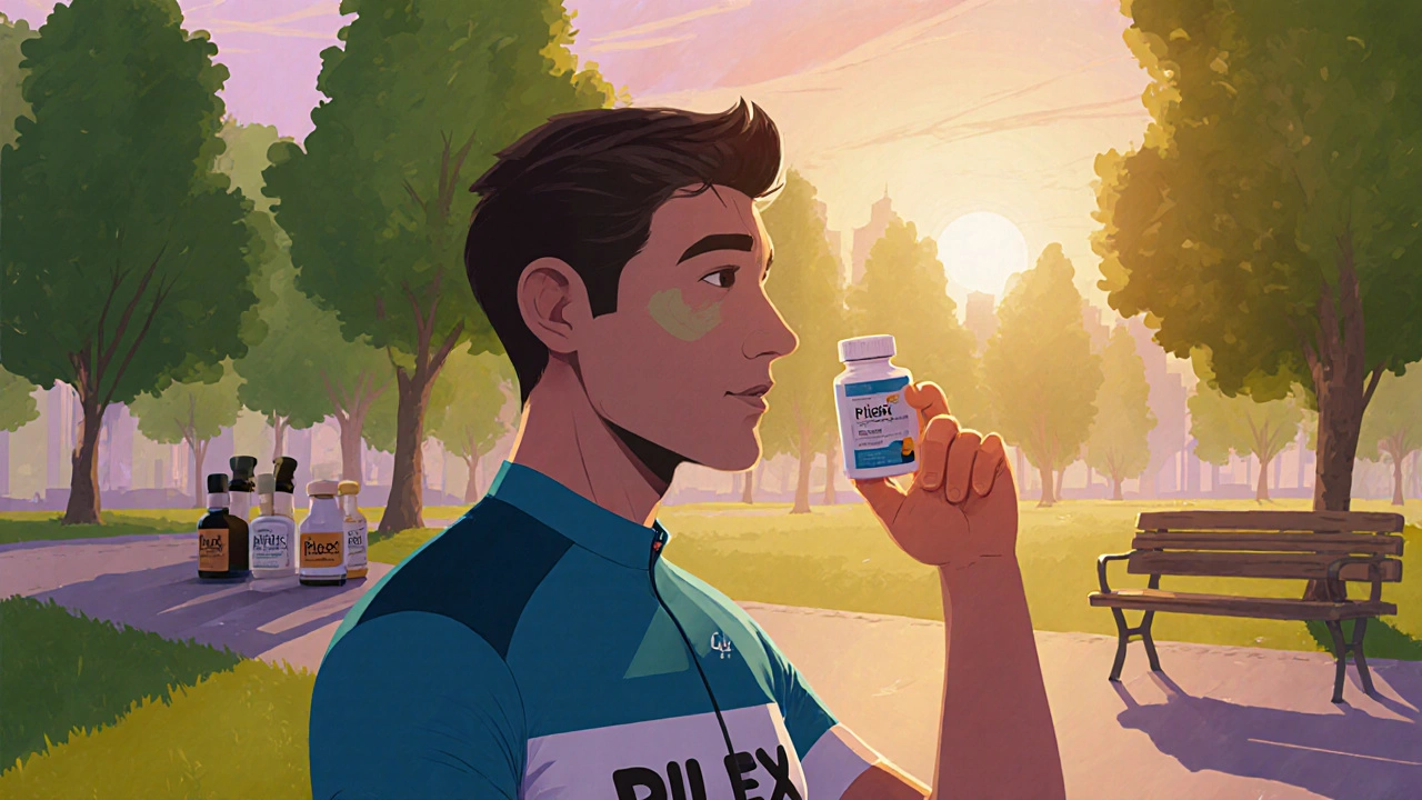 Cartoon active adult taking a joint supplement tablet before cycling.