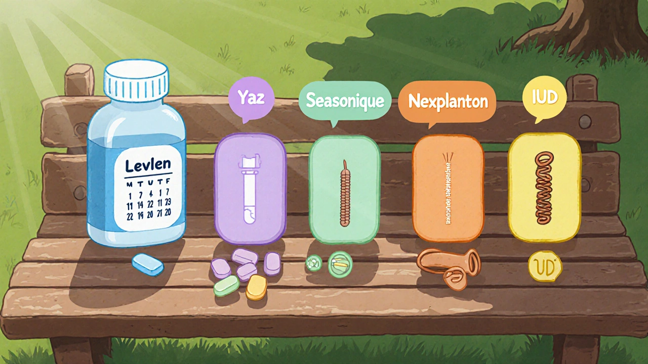 Cartoon comparison of Levlen and other birth‑control options on a park bench table.