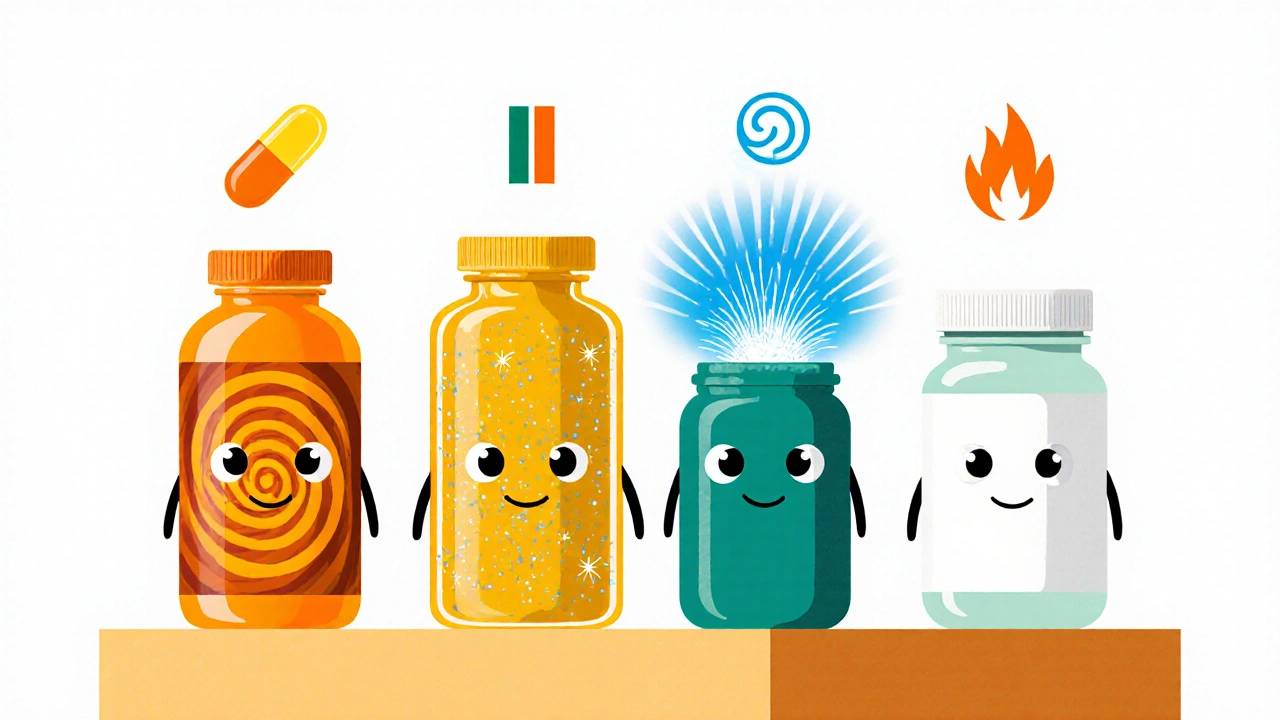 Cartoon lineup of supplement bottles representing Amalaki, turmeric, ashwagandha, spirulina, and vitamin C.