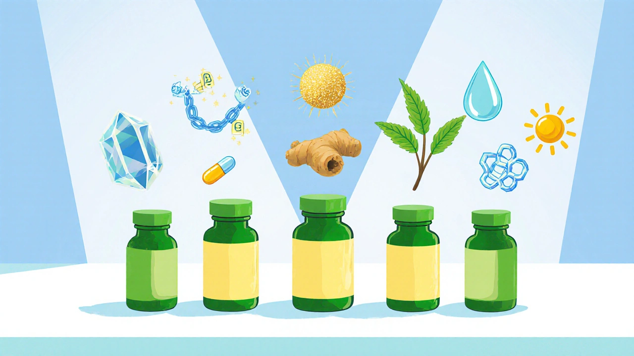 Cartoon scene with supplement bottles surrounded by ingredient icons.