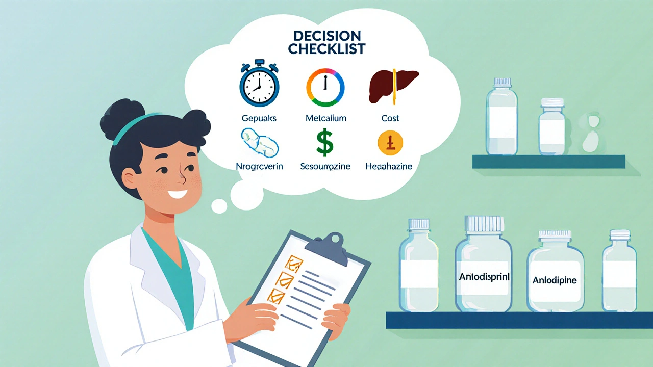 Clinician reviews a checklist with icons while medication bottles are displayed behind.