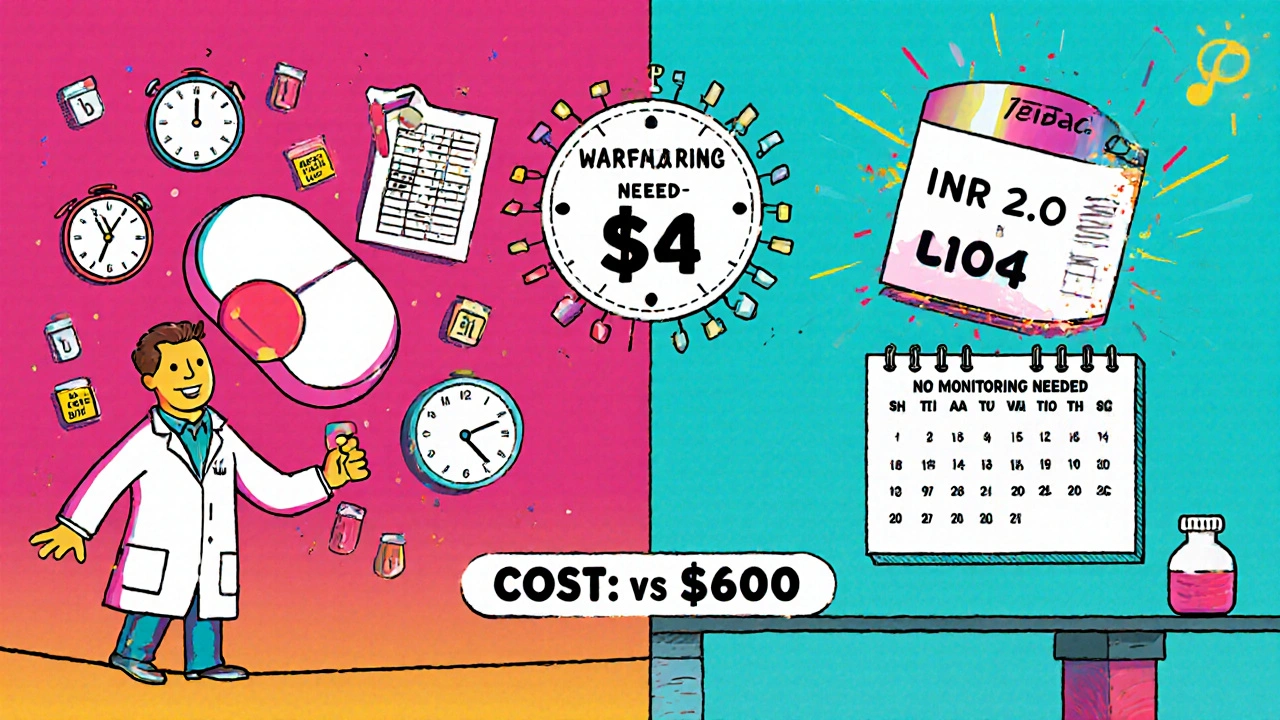 Contrast between warfarin with complex monitoring and DOACs with no testing, shown as two contrasting worlds.