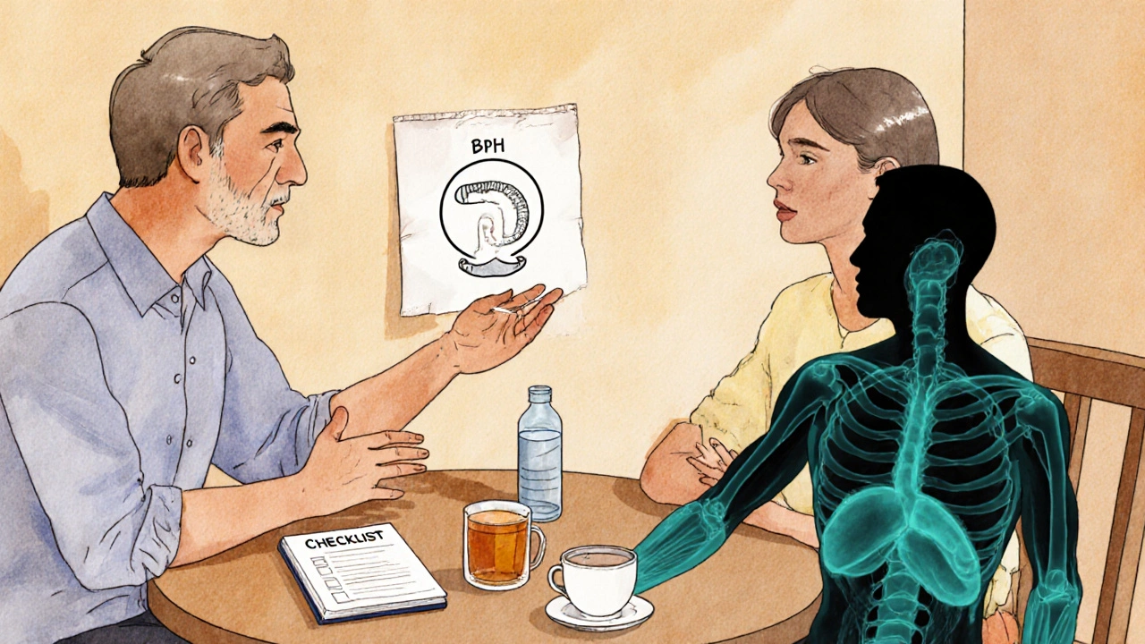 Couple discussing BPH at kitchen table, sketch of prostate on napkin, pelvic‑floor exercise overlay.