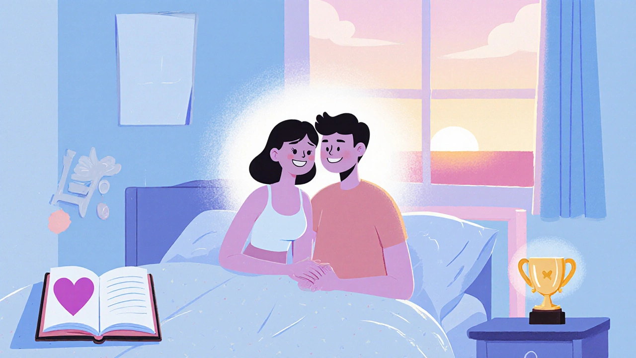 Couple smiling on bed surrounded by confidence symbols, reflecting holistic wellbeing.