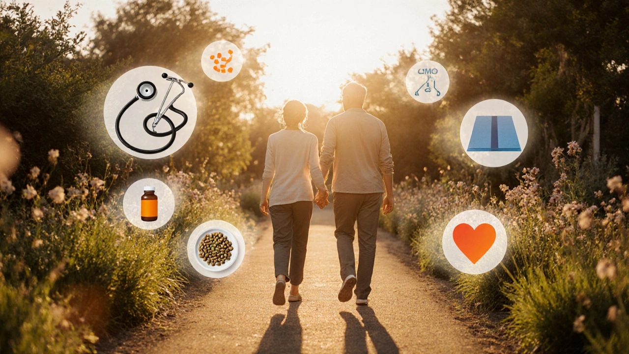 Couple walking at sunrise, icons of health steps floating around, hopeful atmosphere.