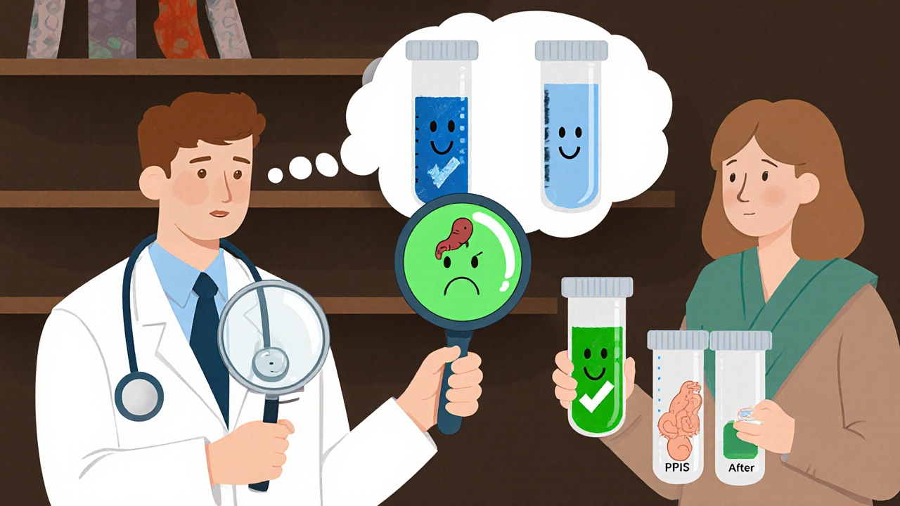 Doctor examining H. pylori bacterium with positive test result and safe medications in background.
