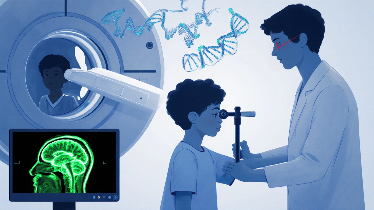 Doctor examining teen, MRI scanner, dopamine scan, and DNA helix illustrate diagnosis.