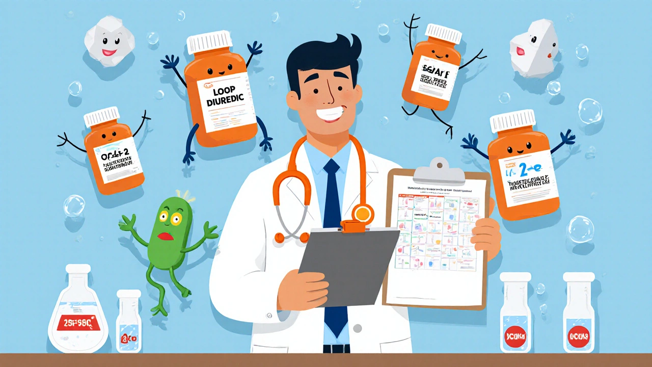 Doctor reviewing pills and electrolyte icons to illustrate diuretic drug interactions.
