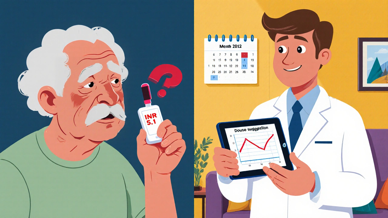 Elderly person struggling with a home INR test while a doctor shows an AI dose suggestion on a tablet.