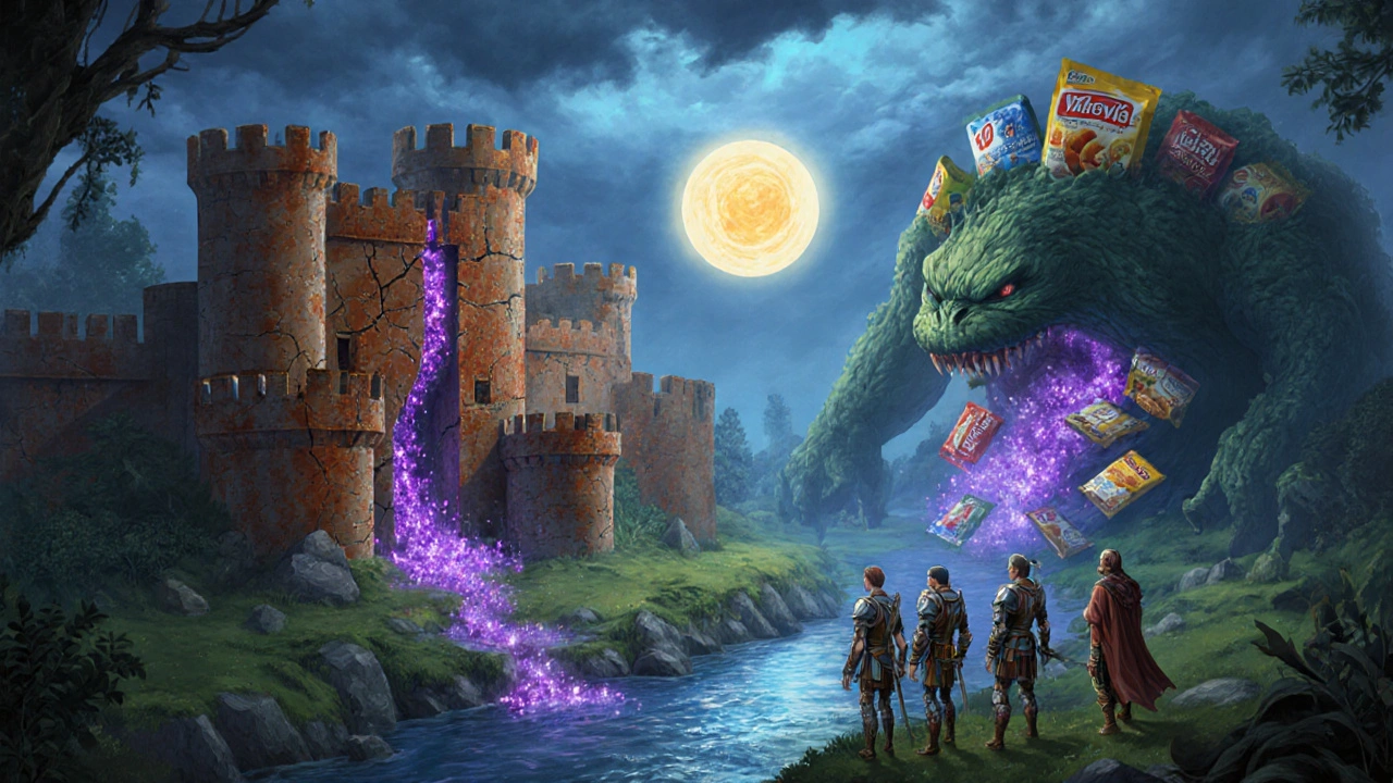 Fantasy inner-body landscape with leaking kidney fortress and phosphate monster.