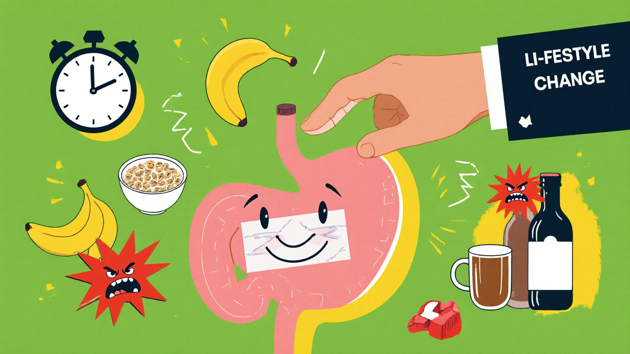 Friendly cartoon stomach healed by healthy foods and lifestyle changes, pushing away irritants.