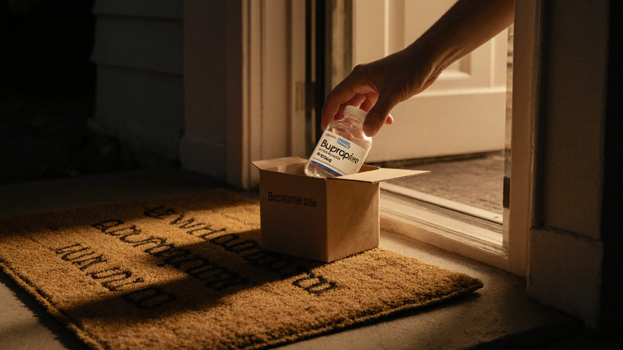 Hand opening a delivery box revealing a bottle of bupropion tablets on a doorstep.