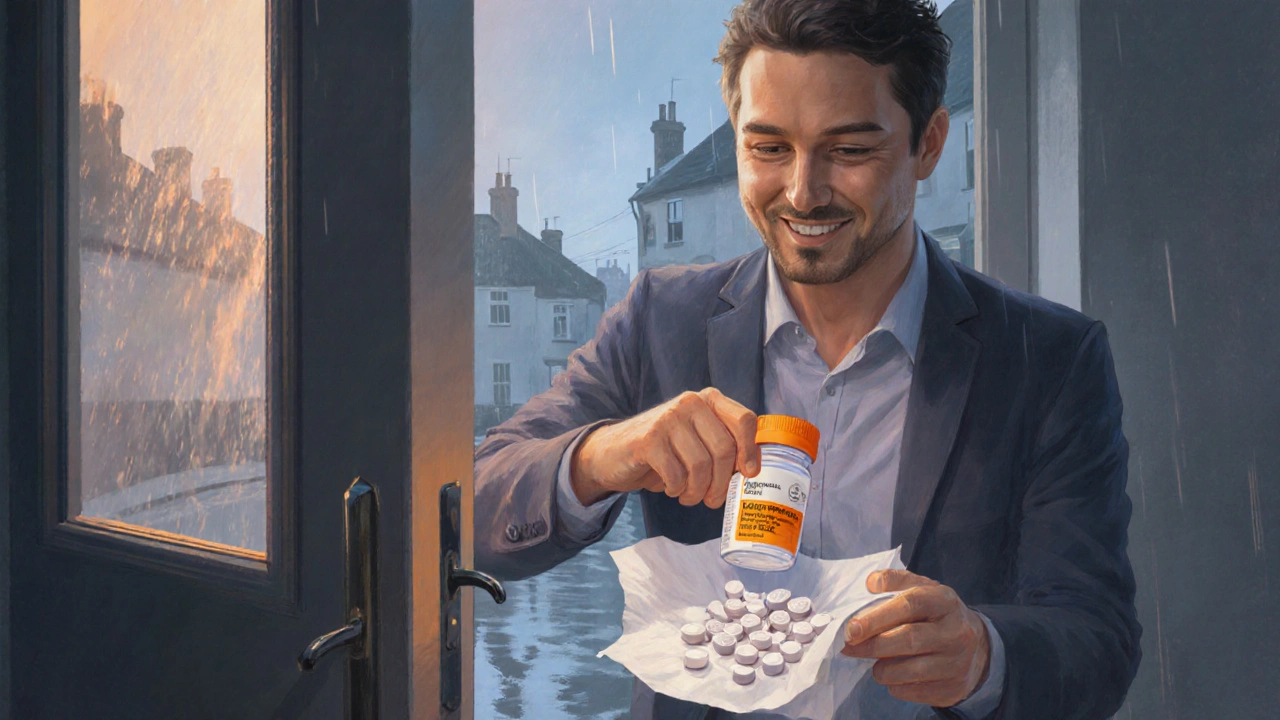 Happy customer opening a parcel that contains a bottle of generic omeprazole tablets.