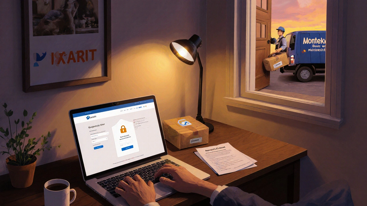 Home office scene showing online checkout with padlock icon and medication delivery.