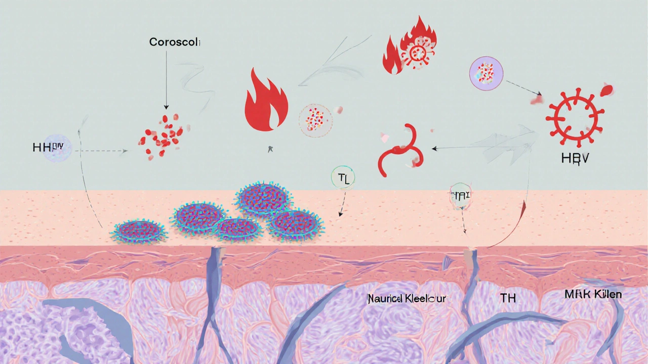 Illustration of skin cells showing HPV virus, reduced immune cells, and cortisol molecules.