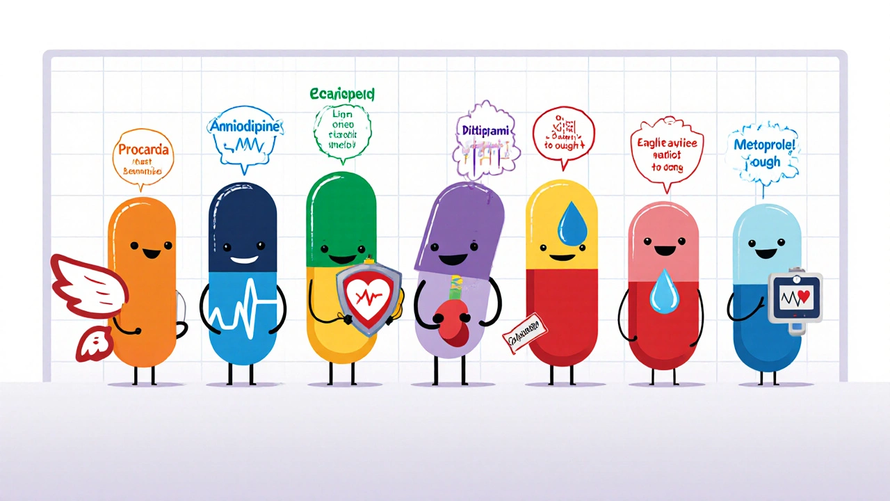 Lineup of cartoon drug characters each showing dosing and side‑effects.