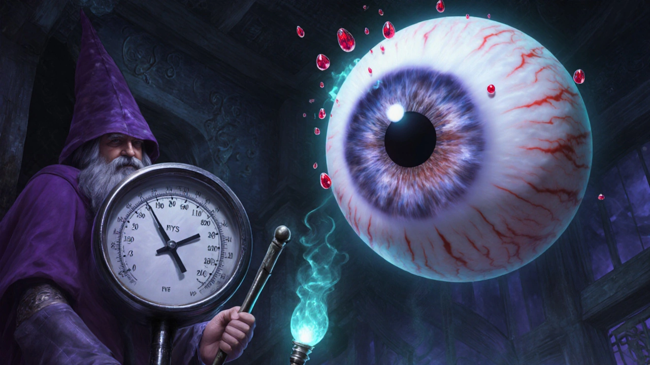 Mage ophthalmologist examining a floating eye with pressure gauge, cataract mist, and ruby droplets.