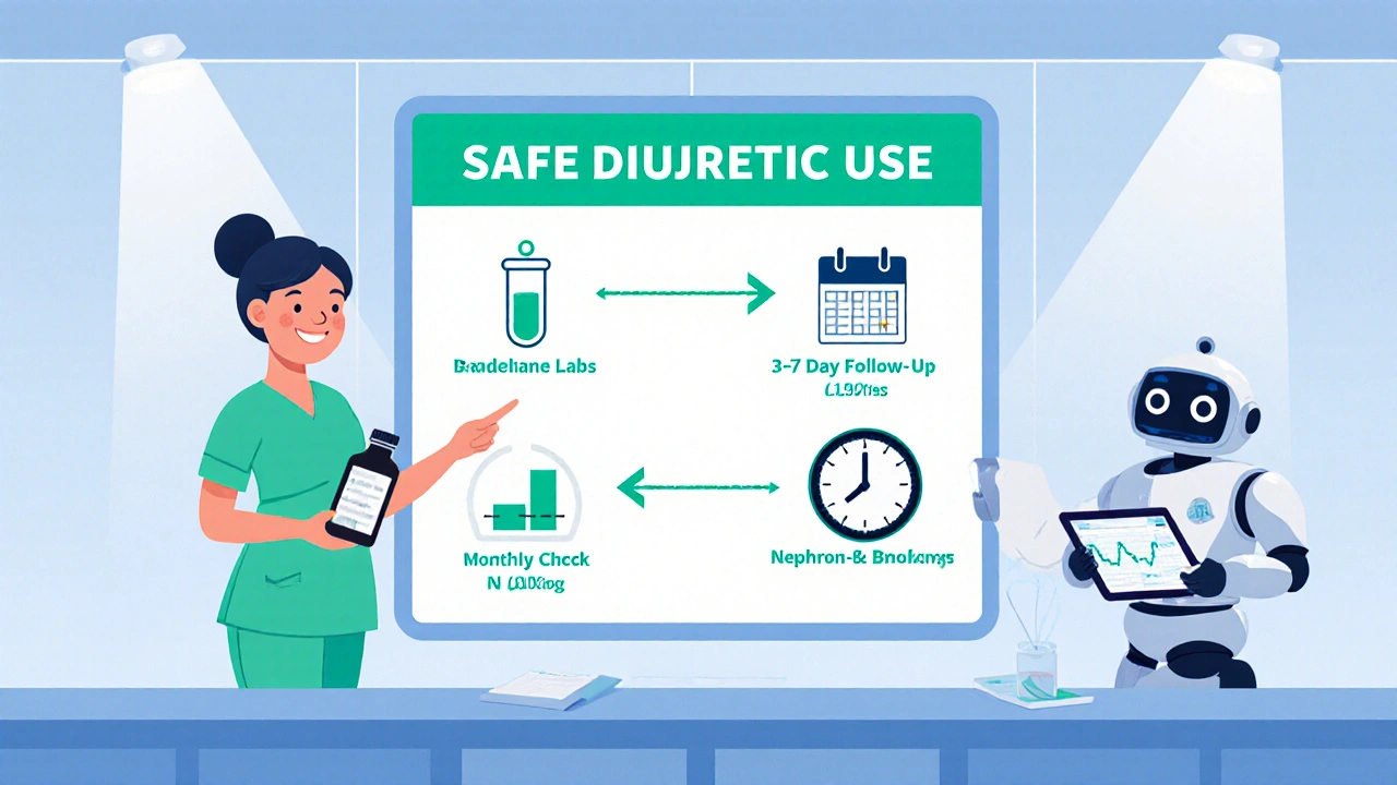 Nurse station checklist with labs, AI dosing robot, and diuretic management steps.