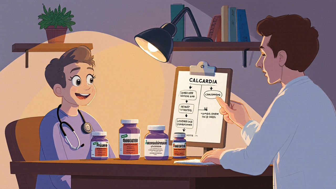 Patient and doctor discussing medication options with pill bottles on a desk.