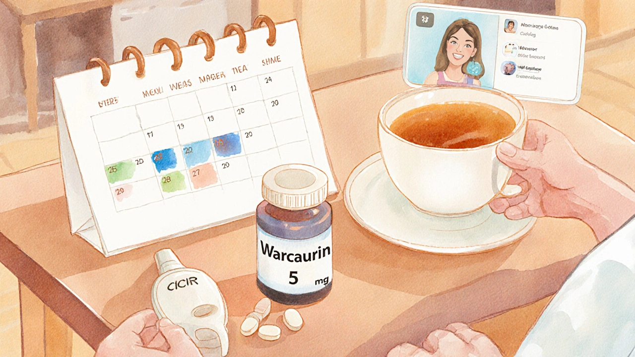 Patient checks warfarin pills and INR schedule at a kitchen table with pharmacist video call.