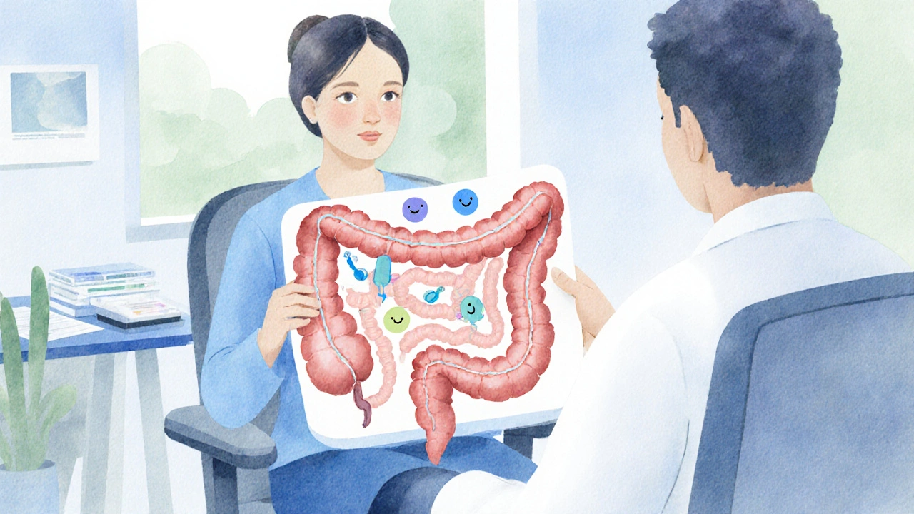 Patient talking with doctor about gut health, with colon model.
