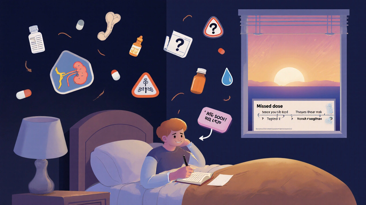 Patient writing a diary with icons for side effects and drug interaction warnings.