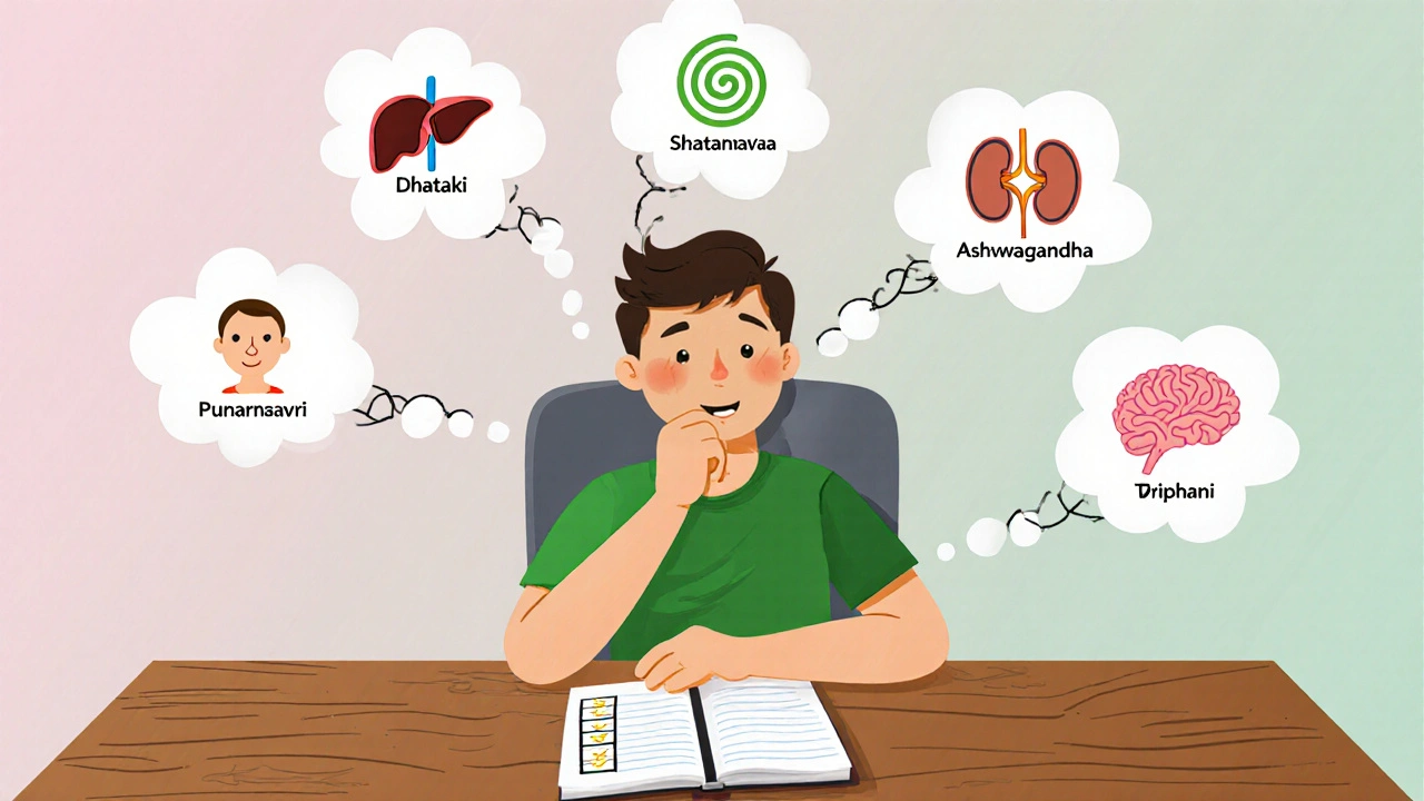 Person at a desk with a checklist, surrounded by thought bubbles showing herbs and their health benefits.