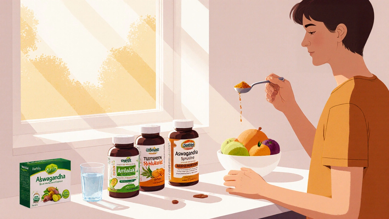 Person in kitchen choosing among various supplement bottles, holding Amalaki powder.