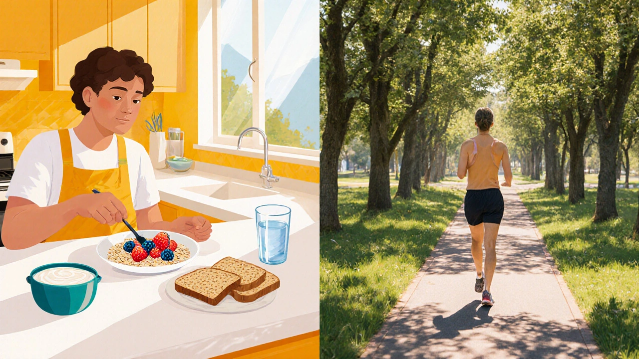 Person preparing high‑fiber breakfast and walking in a park.