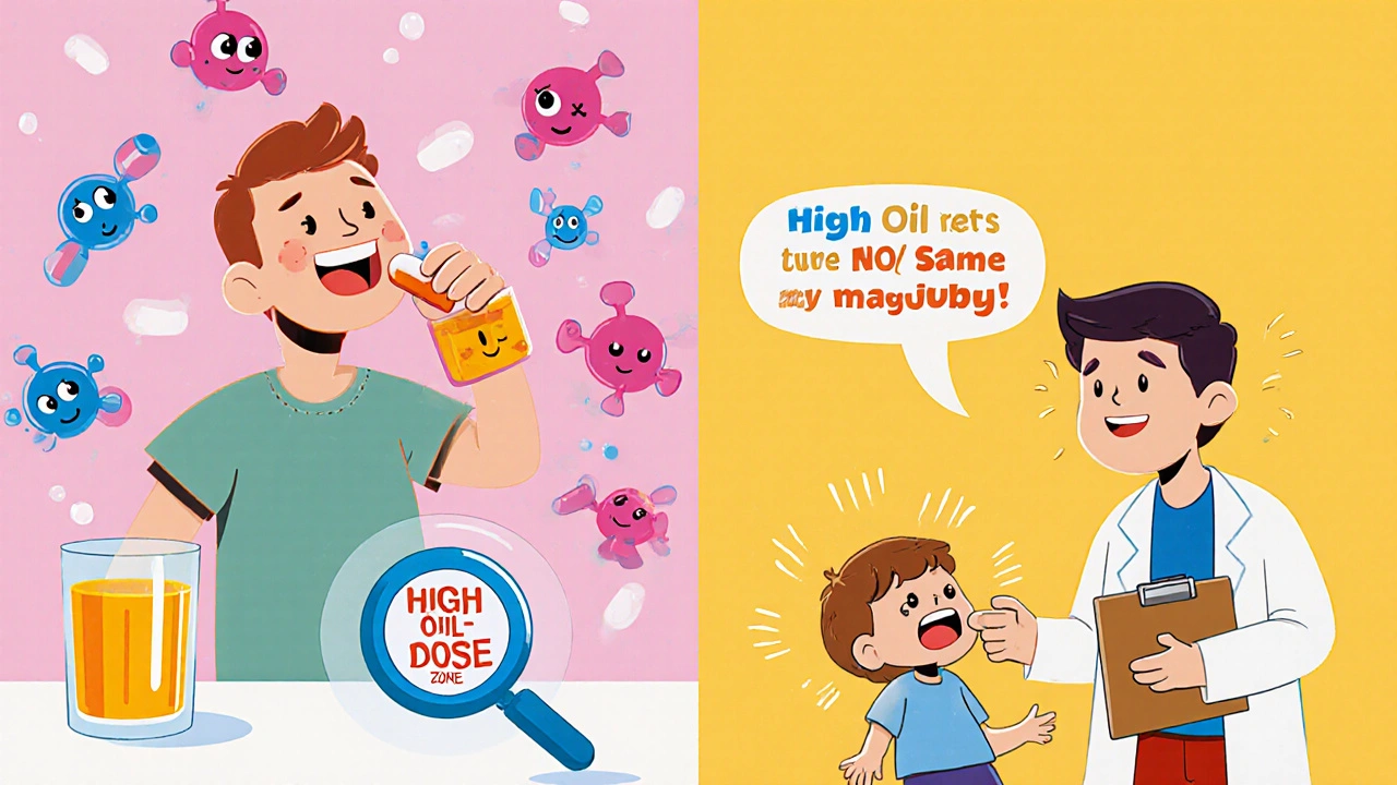 Person taking daily fish oil and aspirin happily, contrasted with someone overwhelmed by too many capsules.