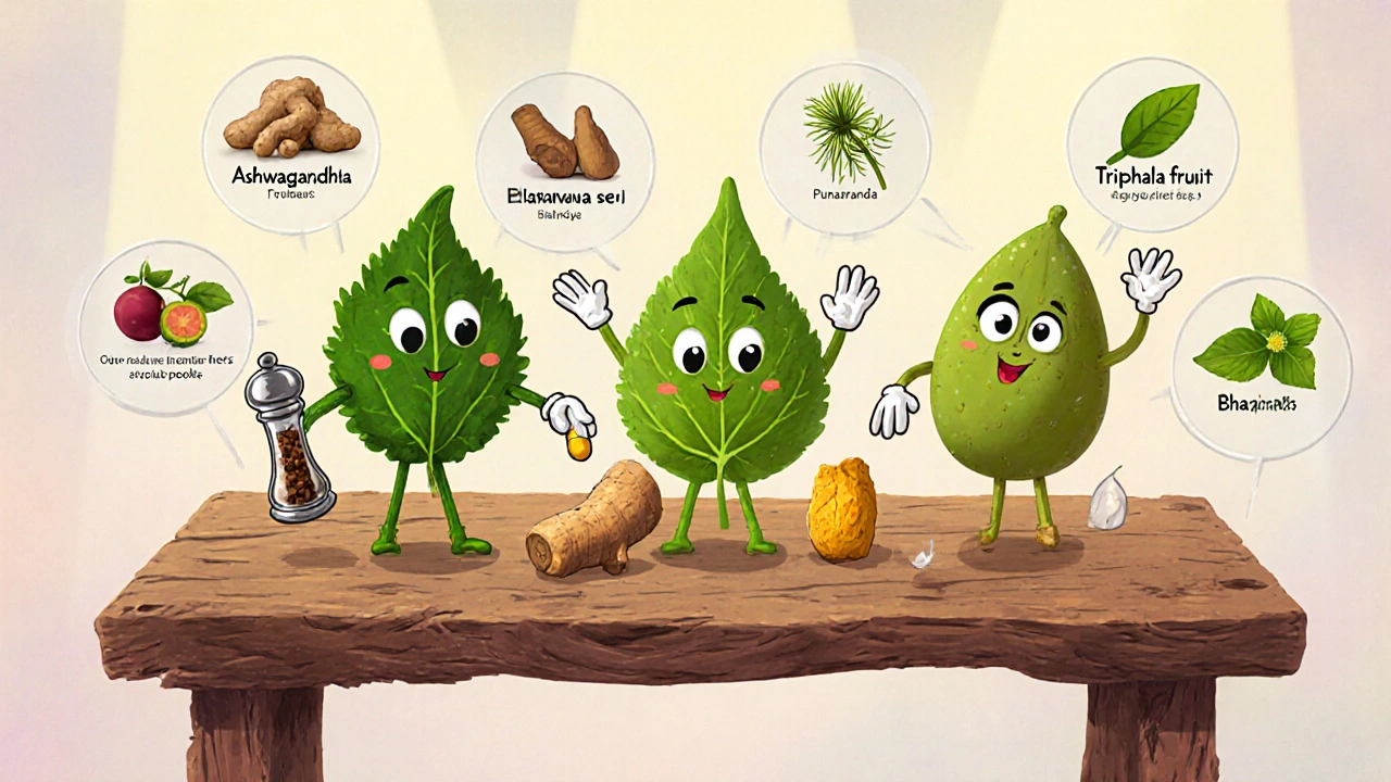 Playful herb characters representing Dhataki, Shatavari, Punarnava and alternative herbs with their key ingredients.