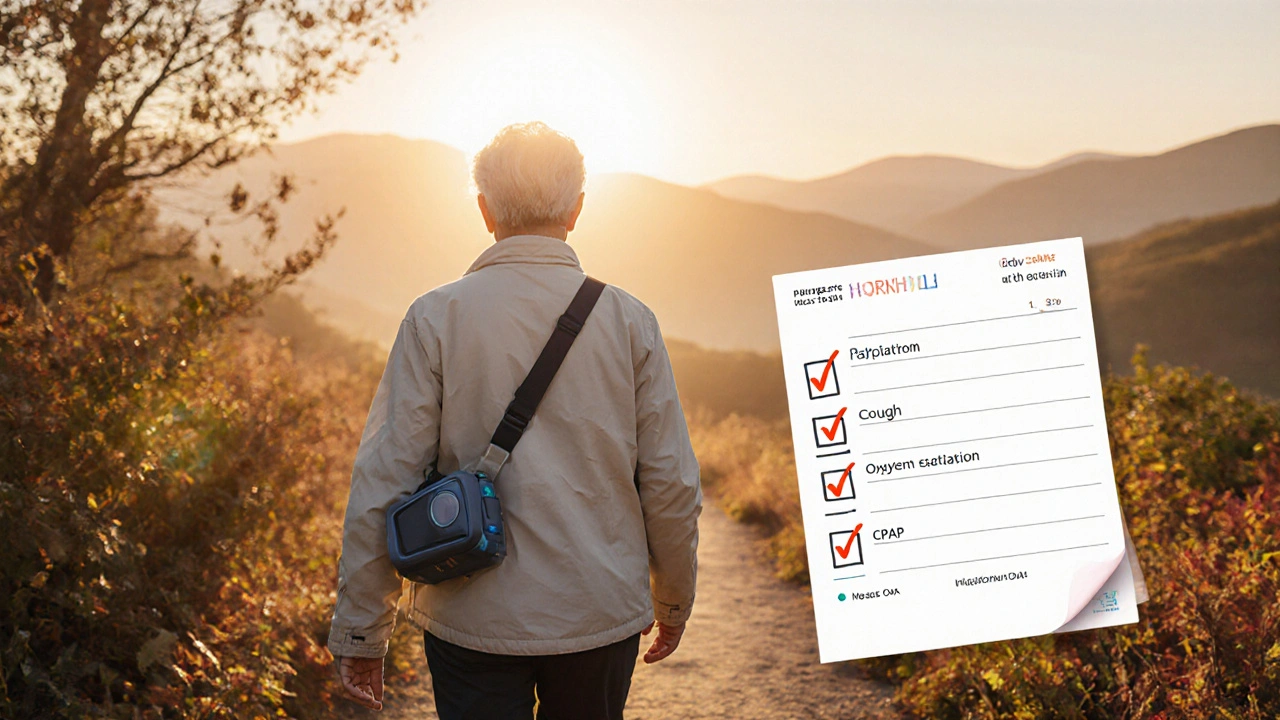 Senior walking on a misty trail at sunrise, carrying CPAP and oxygen device, diary notes nearby.