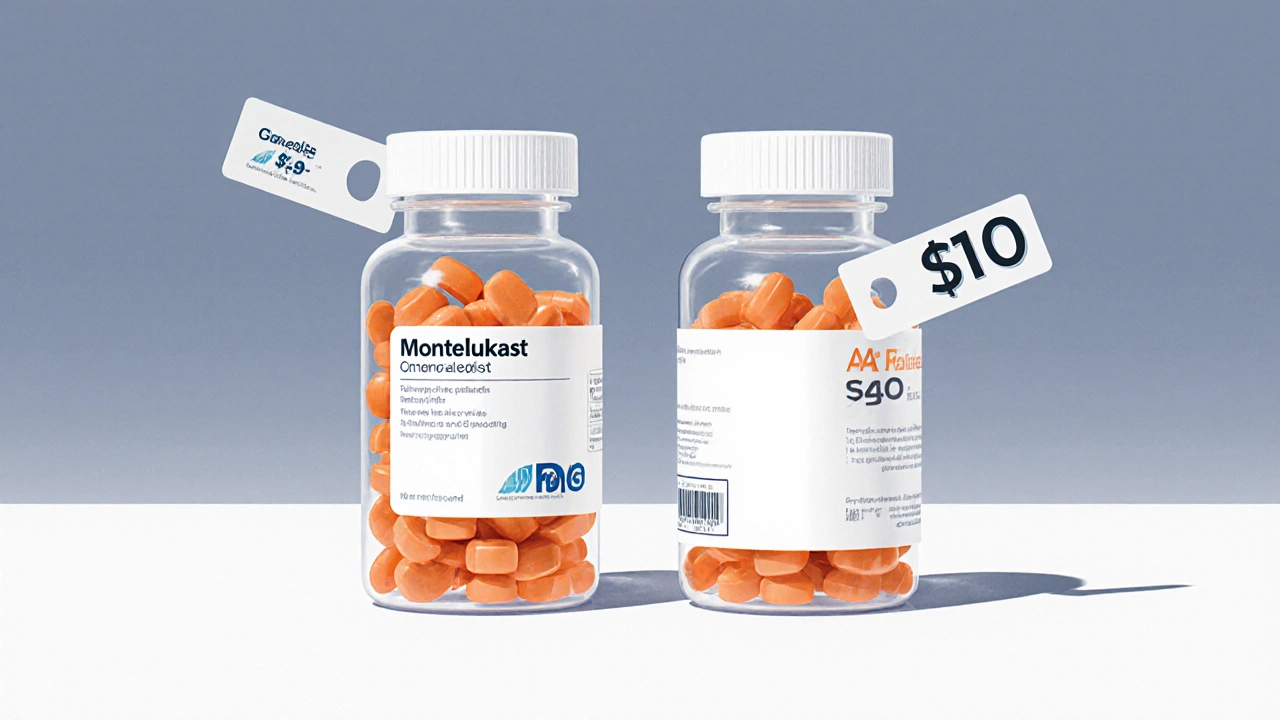 Side‑by‑side view of generic and brand pill bottles with price tags and FDA seal.