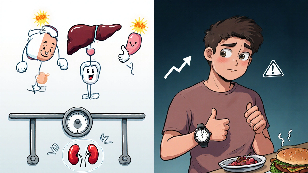 Split cartoon scene: metformin user with healthy organs vs. Starlix user with rising weight and clock anxiety.