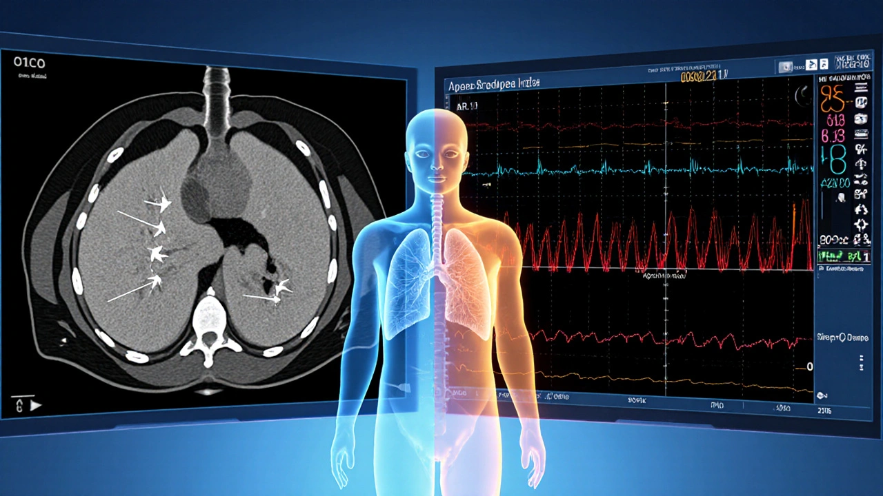 Split illustration of lung CT scan showing fibrosis and sleep study monitor with apnea data.