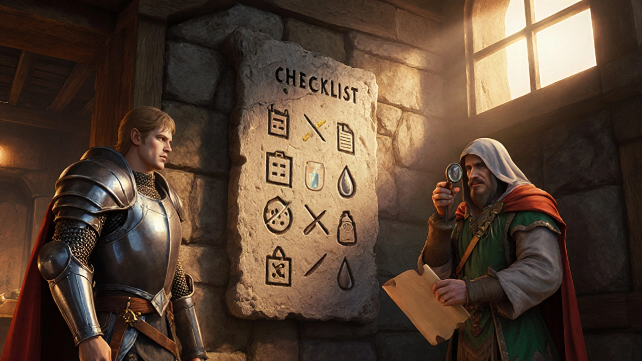Stone tablet quest board with checklist icons flanked by patient, endocrinologist, and ophthalmologist figures.