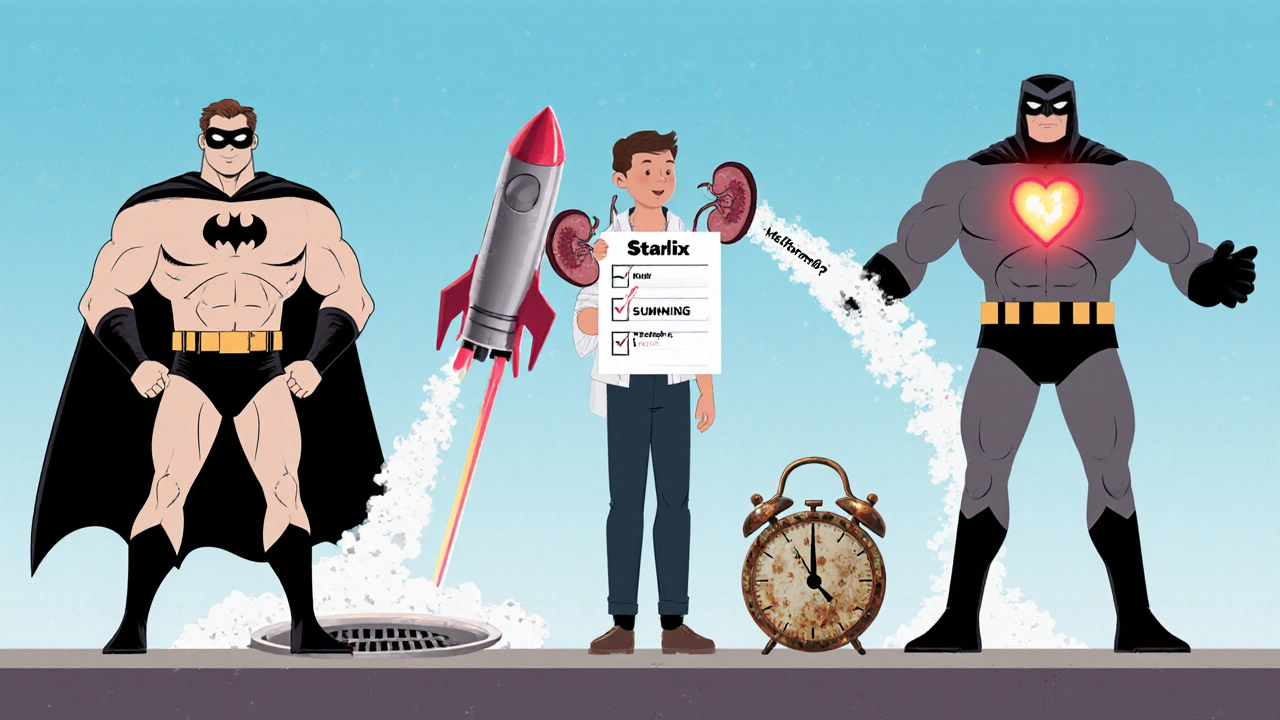 Superhero lineup of diabetes drugs with Starlix as a rusty gadget, patient holding health checklist.