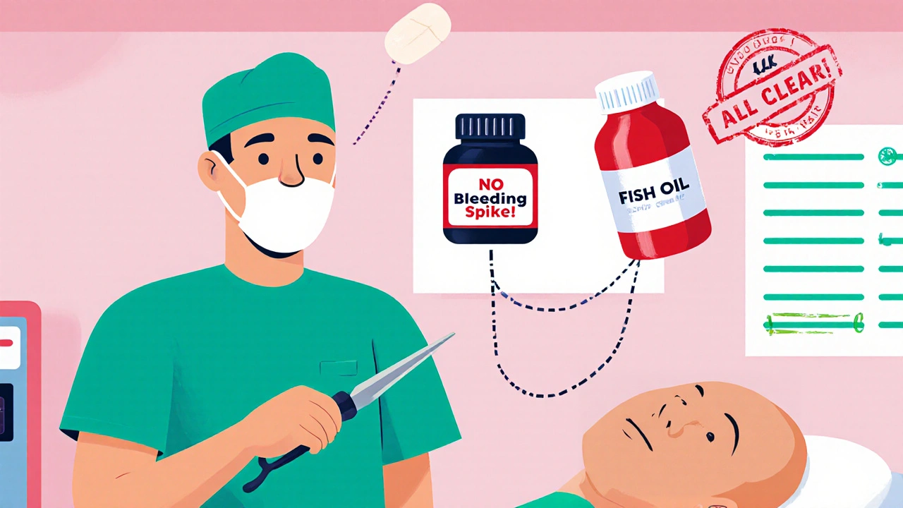 Surgeon and patient in operating room with fish oil and aspirin hovering safely above, flat bleeding risk chart visible.