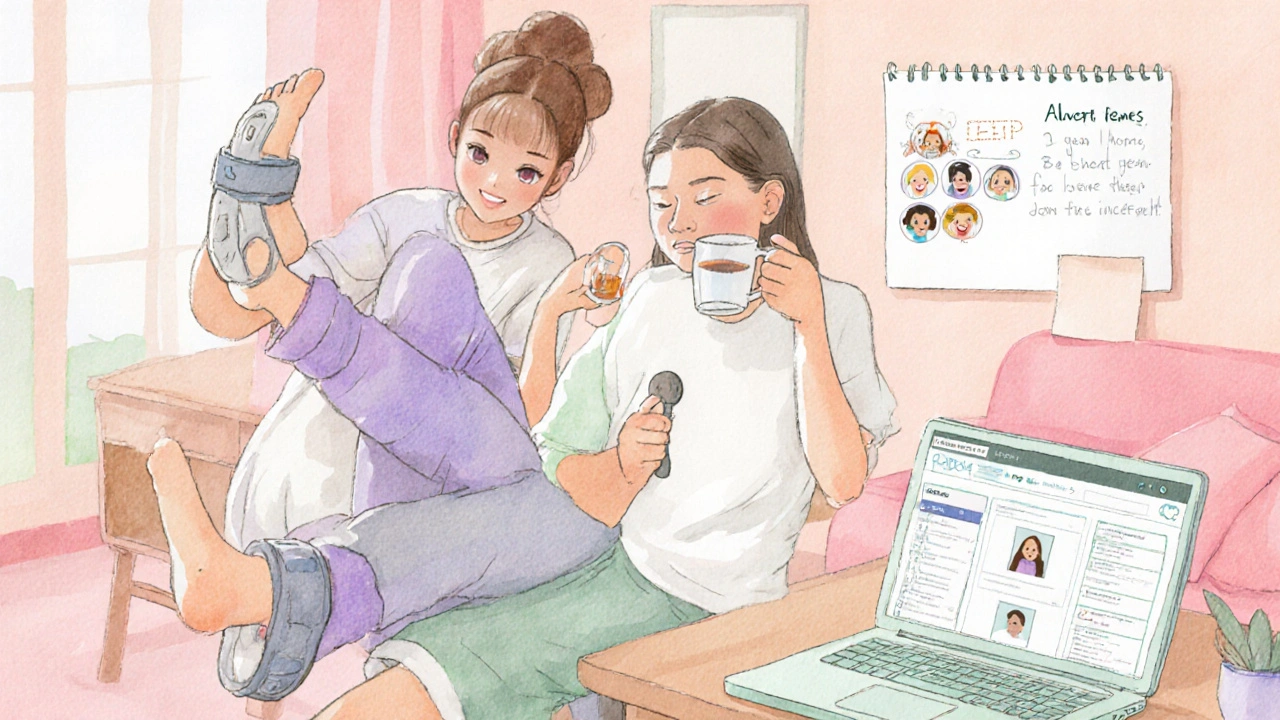 Teen girl doing physiotherapy at home with adaptive tools and supportive vibe.