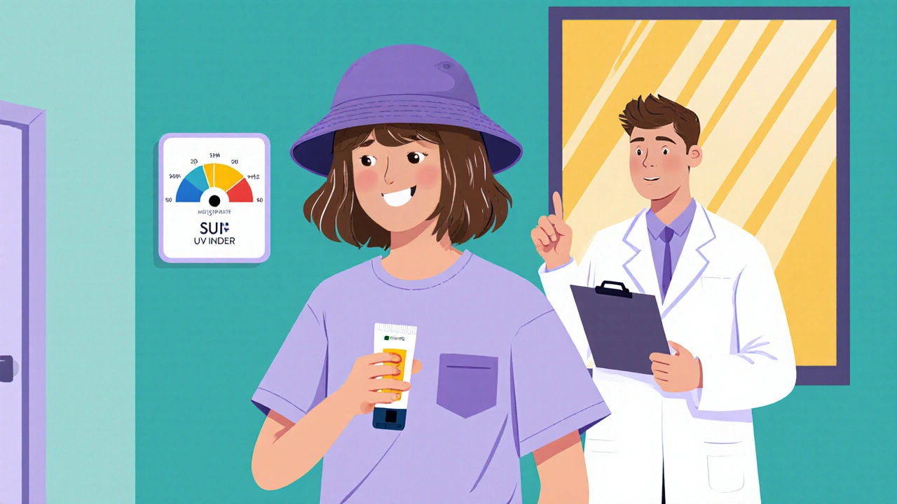 Teen with hat and UPF shirt consults dermatologist beside a UV meter.