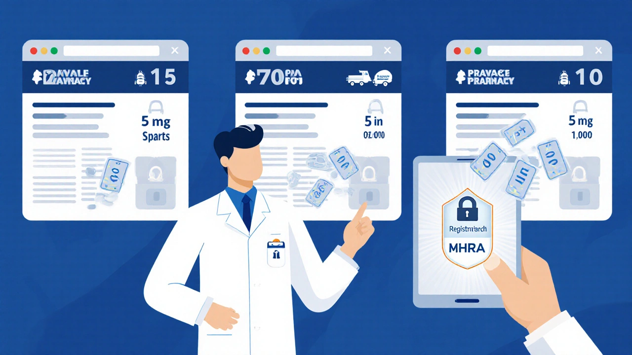 Three browser windows compare warfarin prices with a pharmacist holding a registration badge.