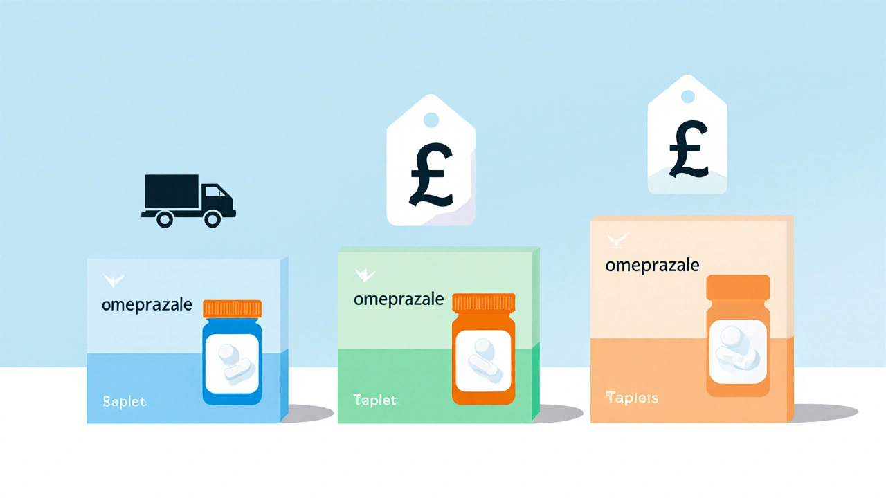 Three medicine boxes with price and shipping icons displayed side by side.