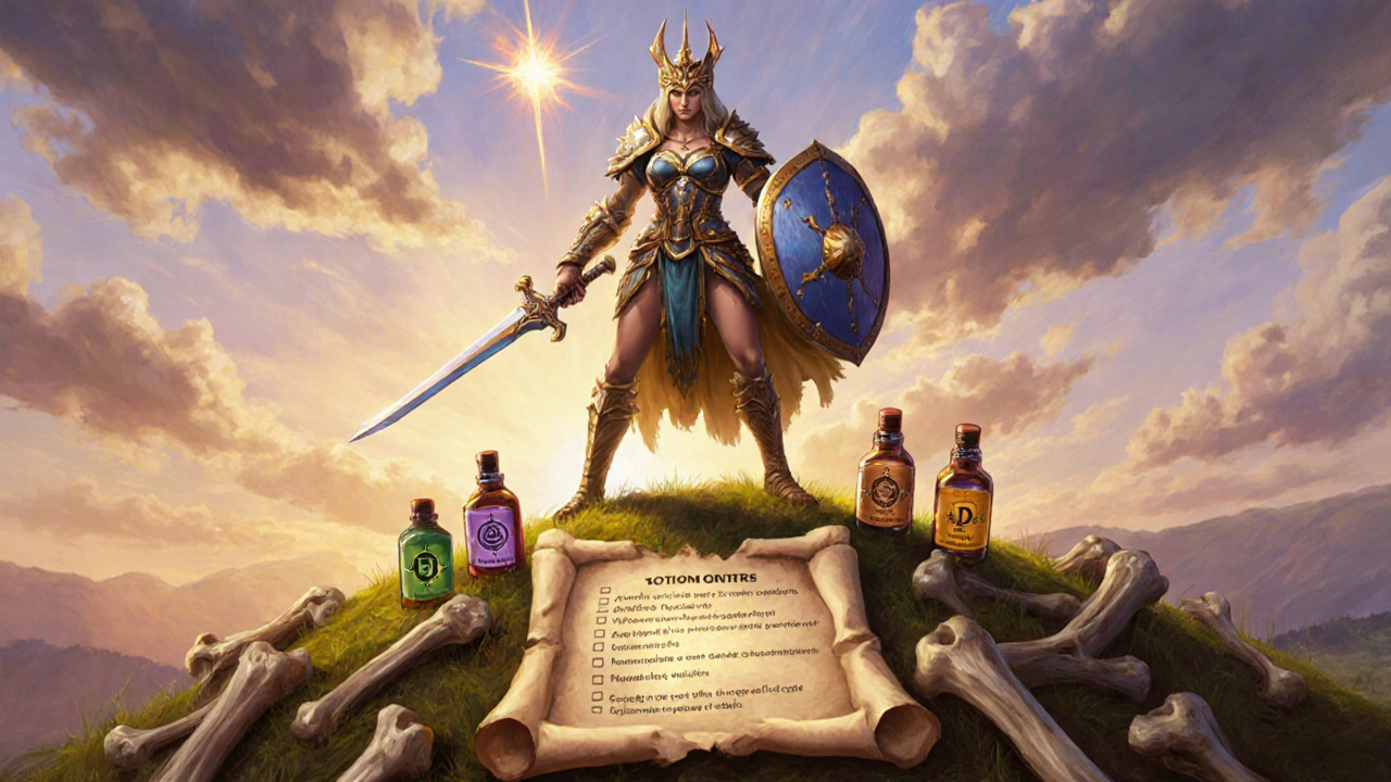 Warrior goddess with calcium shield, vitamin D sword, and health checklist.