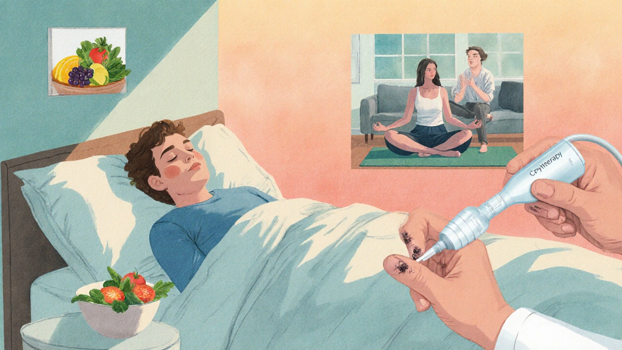 Watercolor of a person sleeping, doing yoga, eating healthy, and a dermatologist applying cryotherapy.
