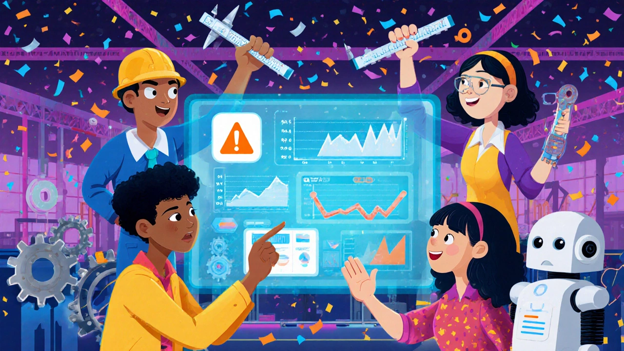 A diverse team collaborates around a glowing holographic dashboard with floating data streams and friendly robots.