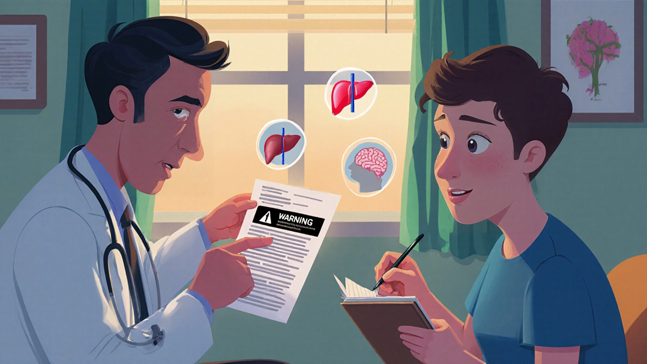 A doctor and patient discussing a black box warning on a medication insert in a clinic.