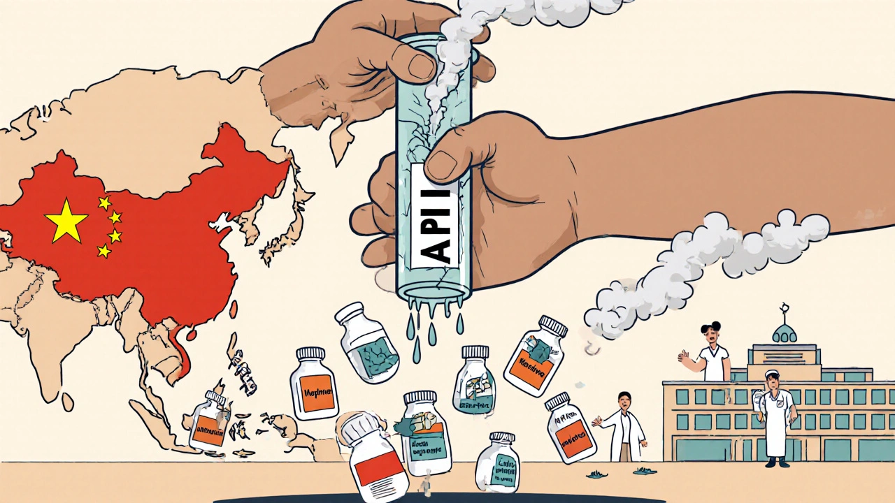 A fragile API tube dripping from China and India, causing drug bottles to fall into a void, in CalArts style.