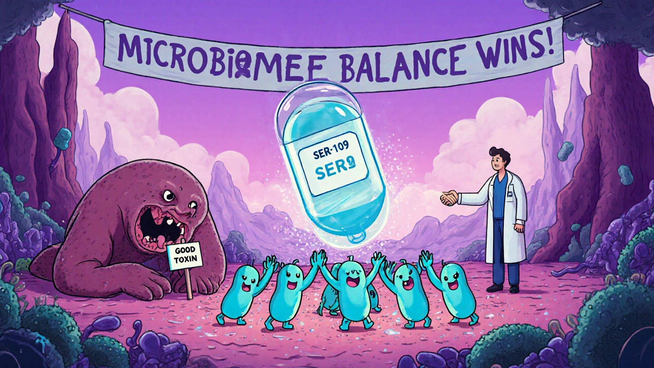 A glowing bacterial capsule releases friendly spores that restore balance in the gut, defeating a defeated C. diff monster.