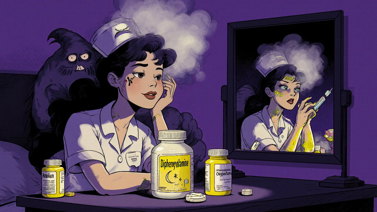 A nurse surrounded by sedative pills as a fog monster represents next-day impairment.
