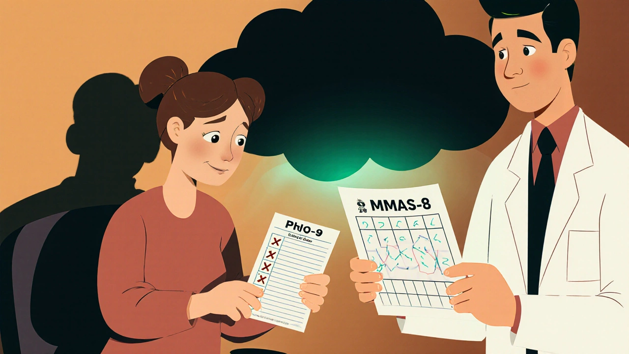 A patient and doctor reviewing medication logs and depression screening forms in a clinic.